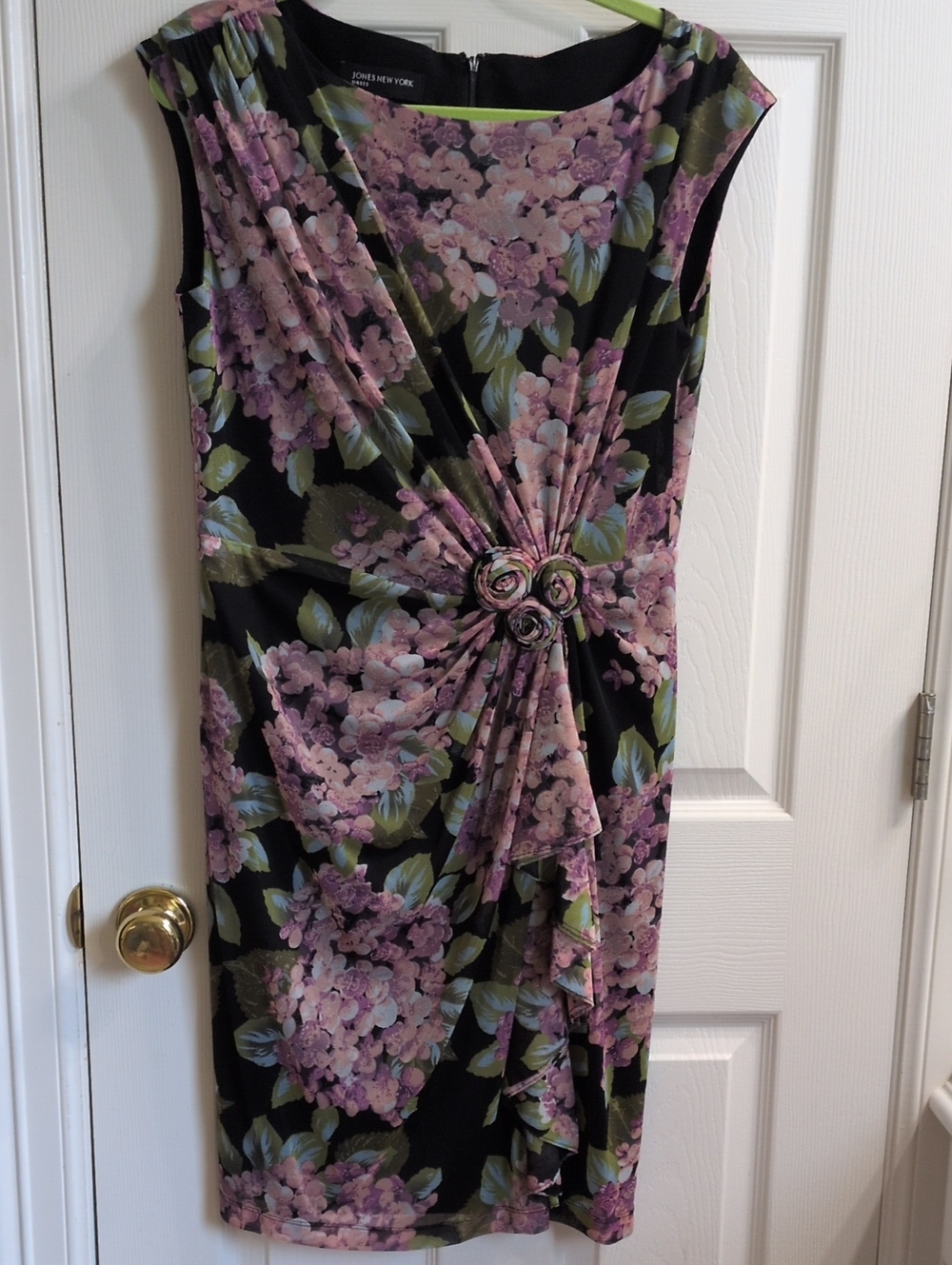 Jones New York Black and Pink Floral Twist-Front Midi Dress, Size 12